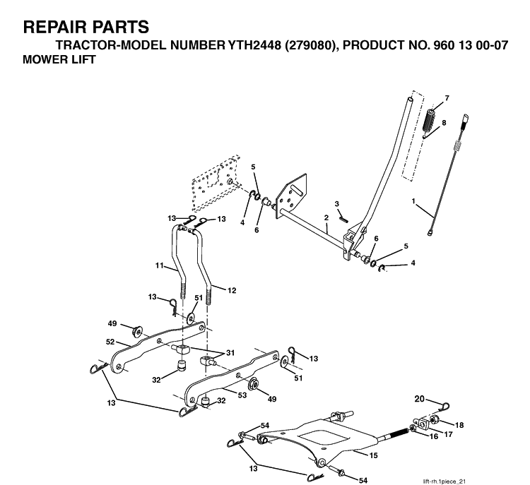 Mower Lift / Deck Lift Diagram and Parts List for YTH2448-279080 2004-12 Husqvarna Lawn Tractor