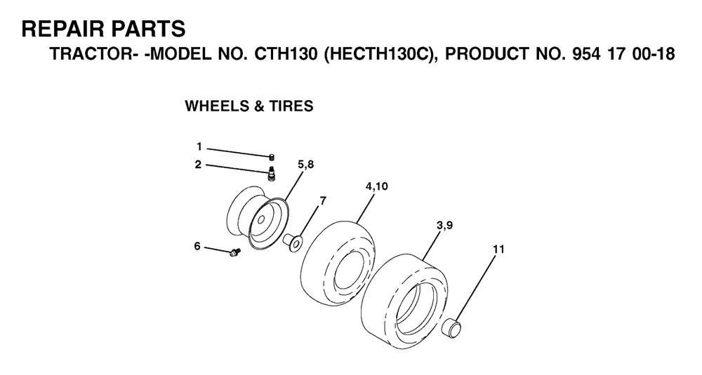 Wheels And Tires Diagram and Parts List for CTH130 (954170018-C)(2001-02) Husqvarna Lawn Tractor