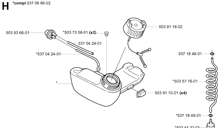 Fuel Tank Diagram and Parts List for 325HA850 20040100001-20050600000 Husqvarna Hedge Trimmer