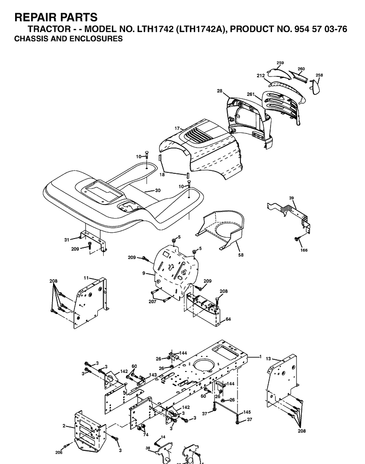 Chassis And Enclosures Diagram and Parts List for LTH1742-LTH1742A 2002-11 Husqvarna Lawn Tractor