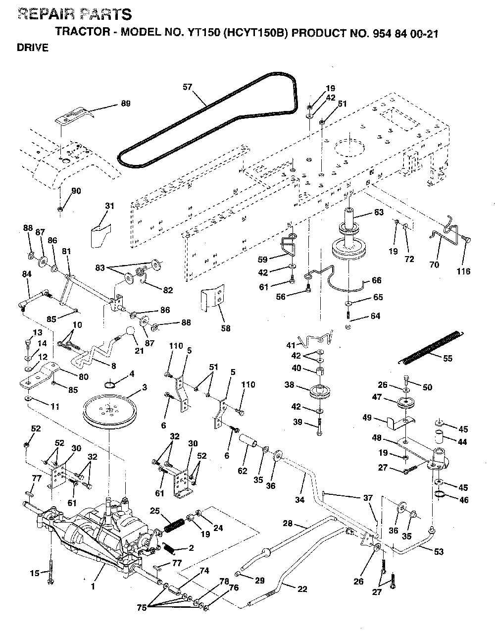 Drive Diagram and Parts List for YT150 (HCYT150B, 954840021)(1996-04) Husqvarna Lawn Tractor