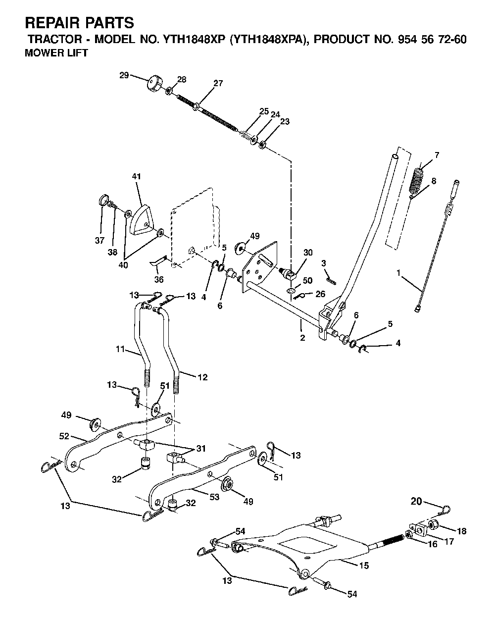 Mower Lift / Deck Lift Diagram and Parts List for YTH1848XPA (954567260)(2001-02) Husqvarna Lawn Tractor