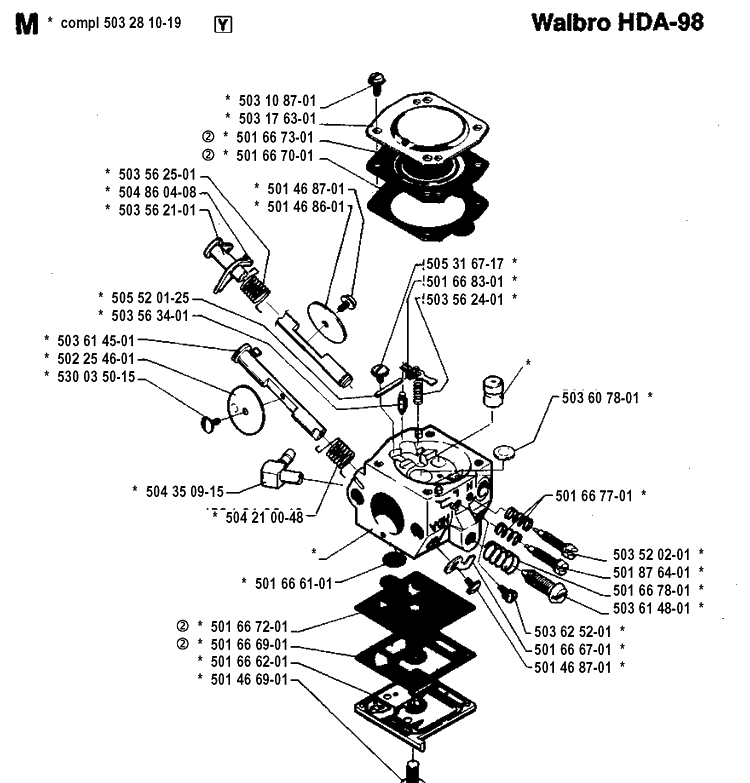 Carburetor Details Diagram and Parts List for 42 19941400001-19944900000 Husqvarna Chainsaw