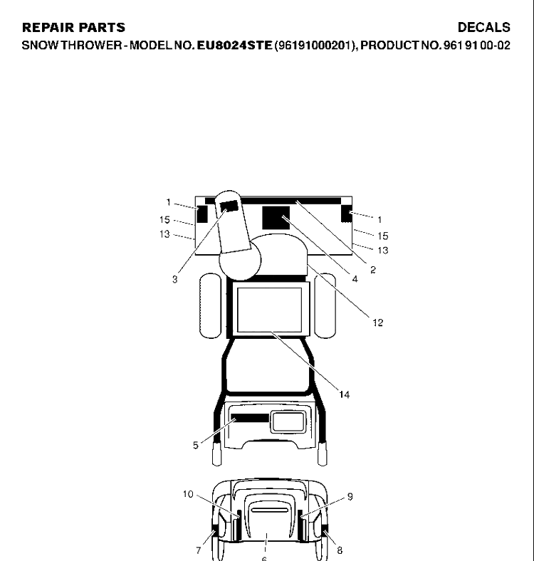Decals Diagram and Parts List for 8024STE (EU8024STE)(2007-01) Husqvarna Snow Blower