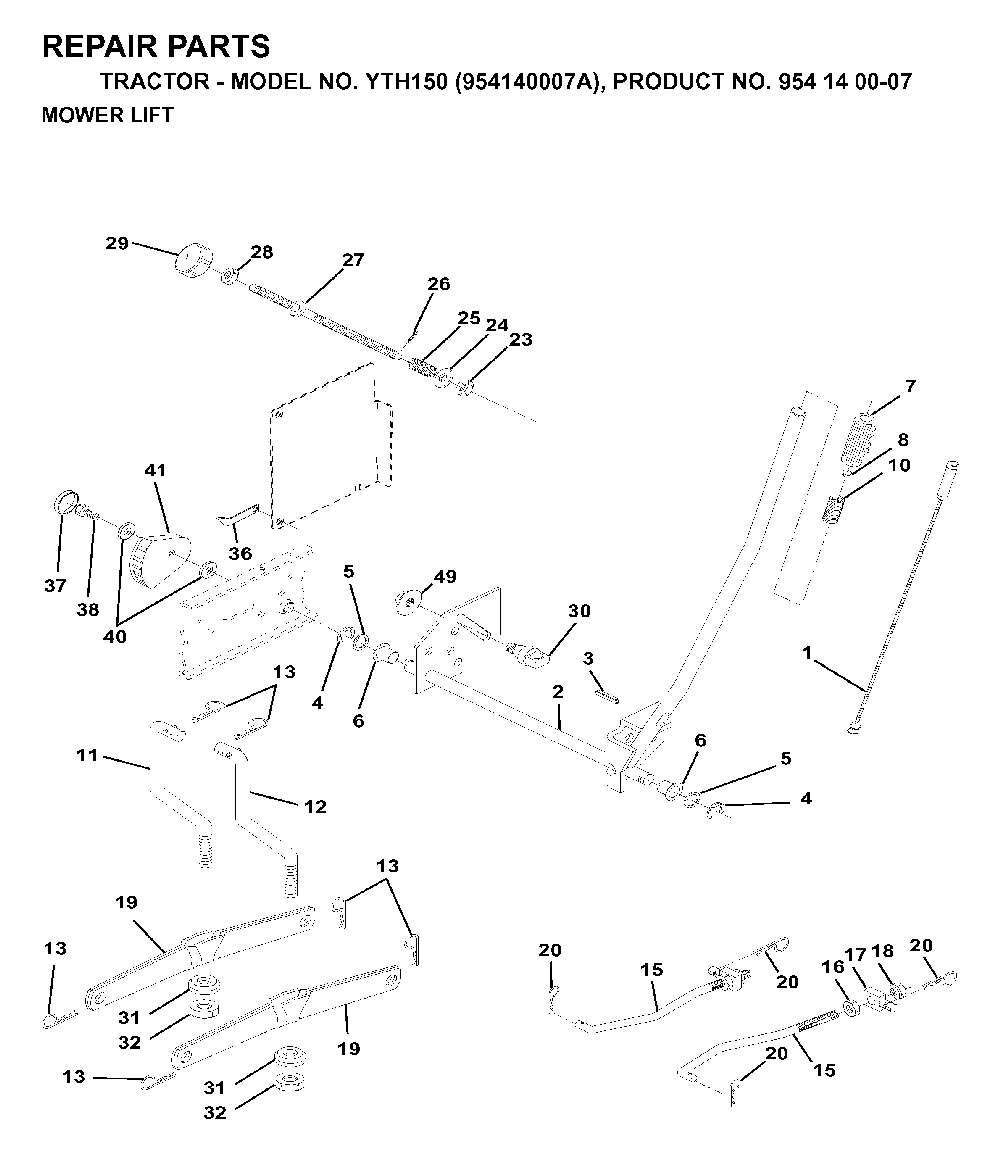 Mower Lift / Deck Lift Diagram and Parts List for YTH150 (954140007A, 954140007)(1997-01) Husqvarna Lawn Tractor