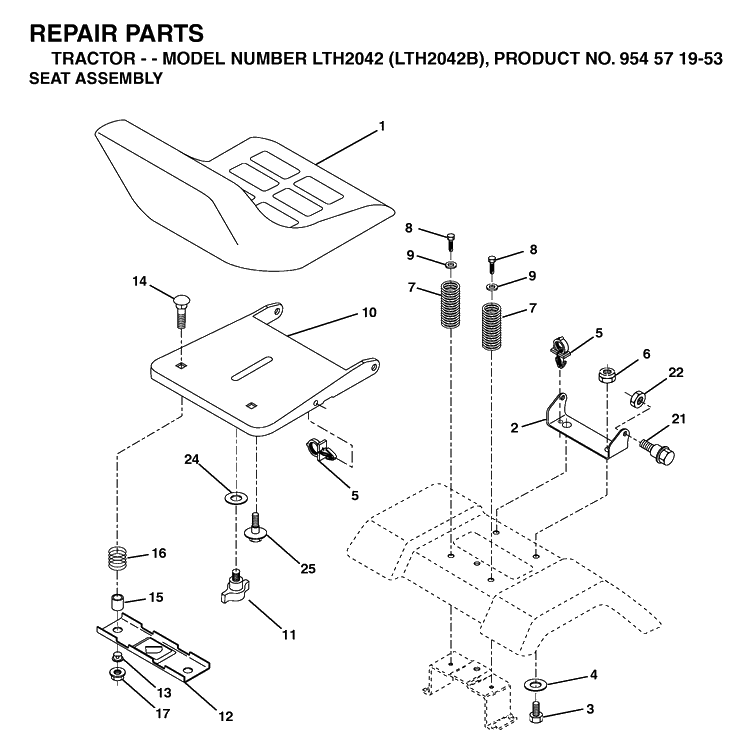 Seat Diagram and Parts List for LTH2042-LTH2042B 2004-01 Husqvarna Lawn Tractor
