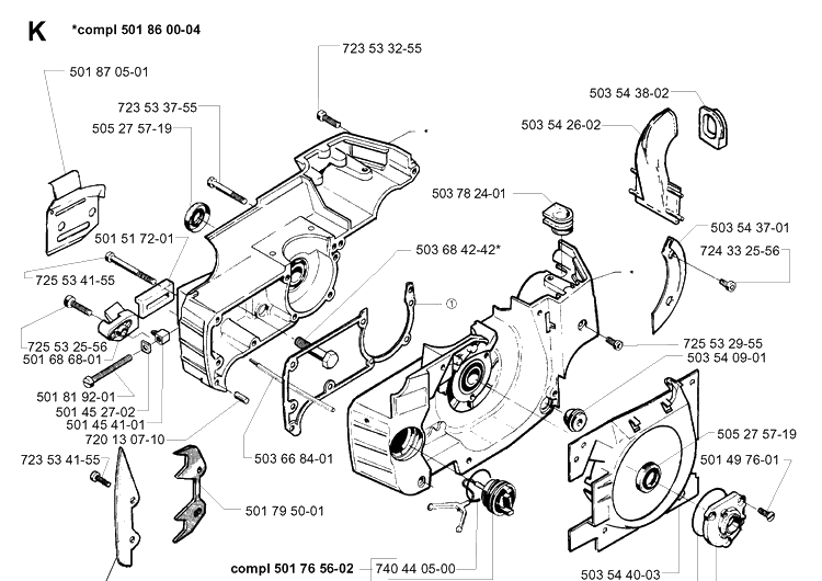 Crankcase Diagram and Parts List for 261 19981000001-19992399999 Husqvarna Chainsaw