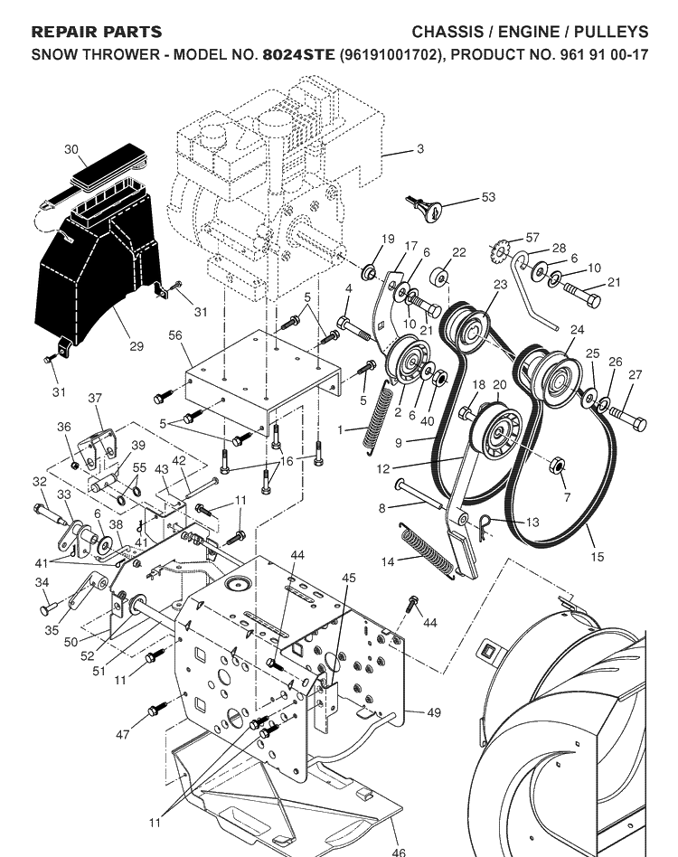 Chassis, Engine And Pulleys Diagram and Parts List for 8024STE (96191001702)(2007-10) Husqvarna Snow Blower