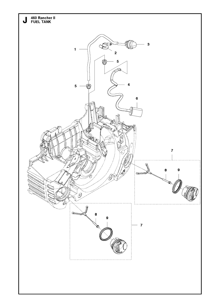 Fuel Tank Diagram and Parts List for 460 RANCHER II Husqvarna Chainsaw