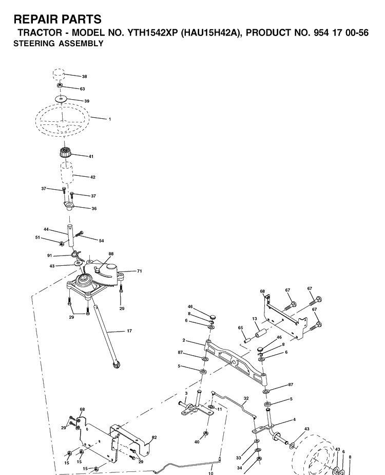 Steering Diagram and Parts List for YTH1542XP (HAU15H42A)(2003-01) Husqvarna Lawn Tractor