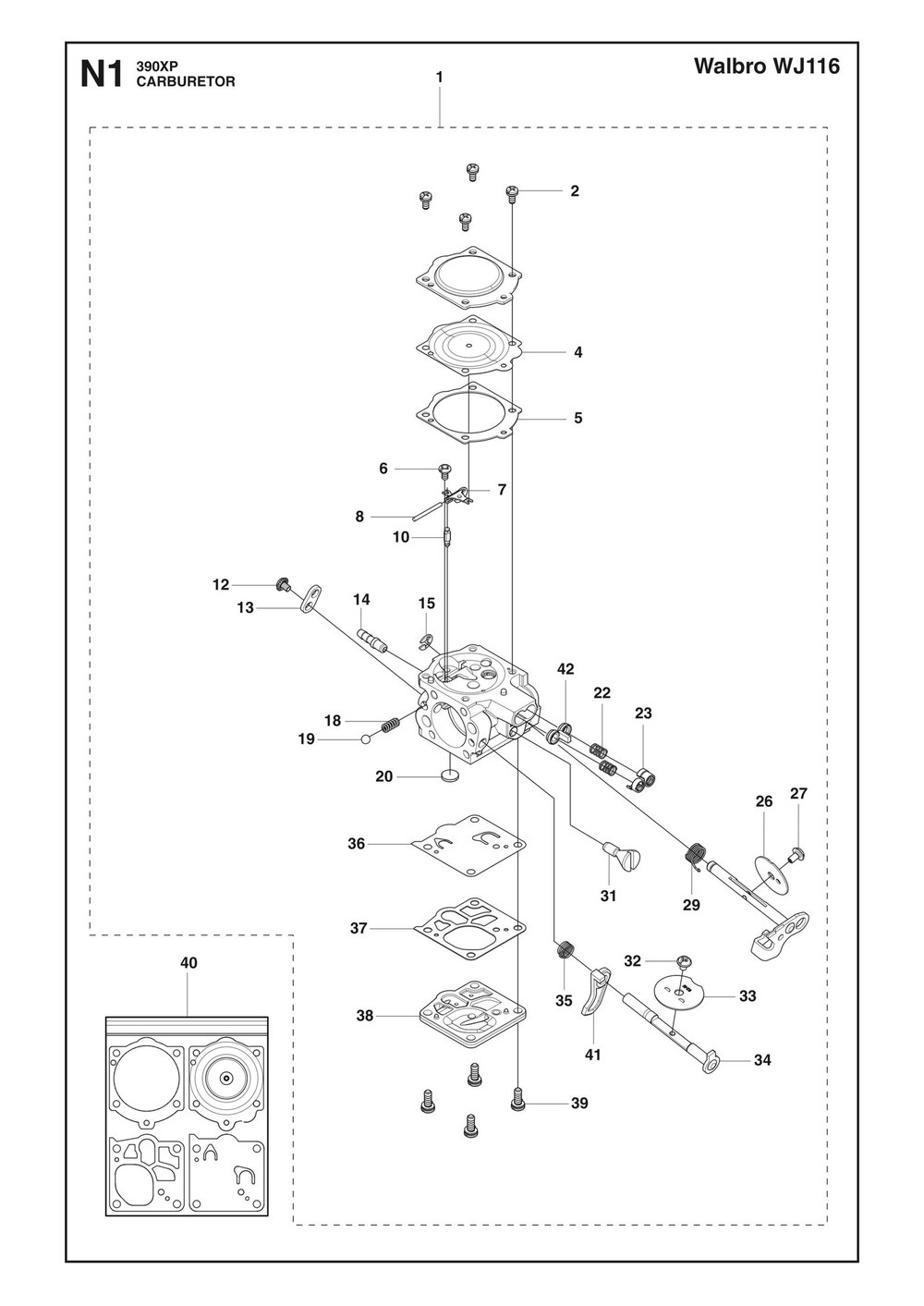 Carburetor Diagram and Parts List for 390XP-390XPG 390 XP W - 390 XP GW Husqvarna Chainsaw