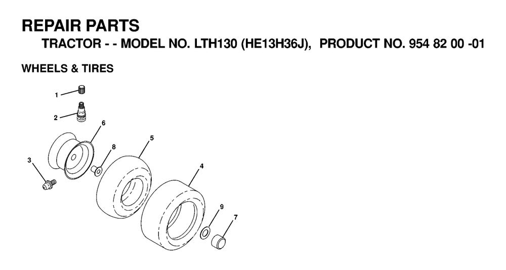 Wheels And Tires Diagram and Parts List for LTH130 (954820001-J)(2000-03) Husqvarna Lawn Tractor