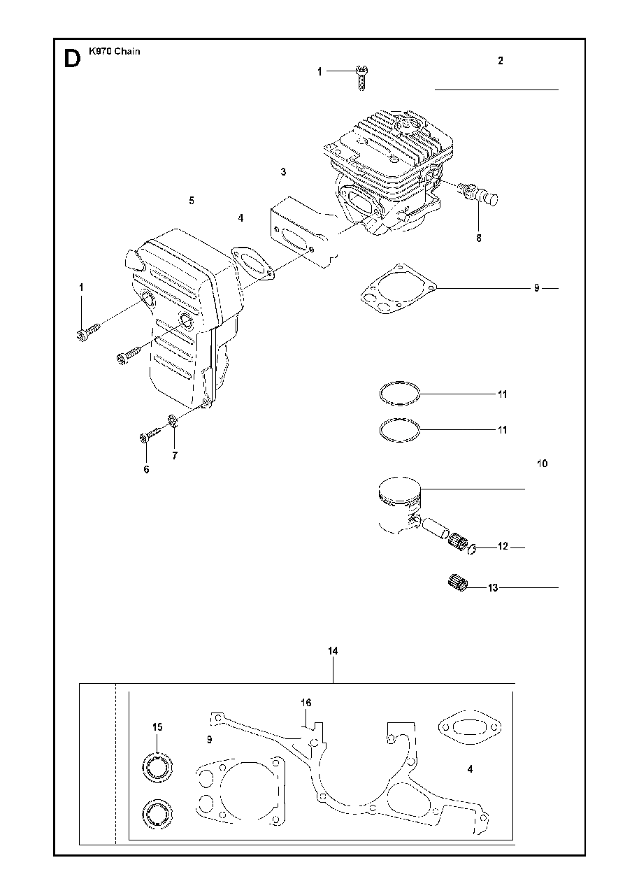 Cylinder, Piston And Muffler Diagram and Parts List for K970CHAIN 2011-12 Husqvarna Circular Saw