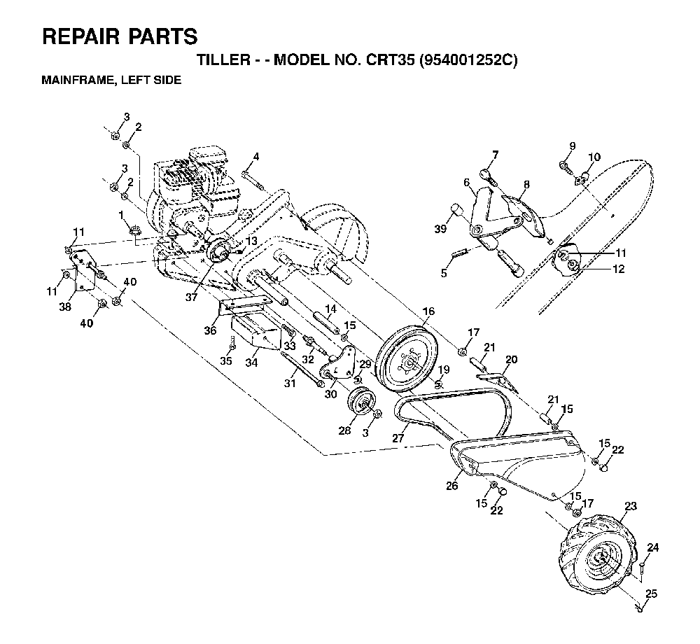 Mainframe, Left Side Diagram and Parts List for CRT35 (954001252C)(1995-10) Husqvarna Tiller