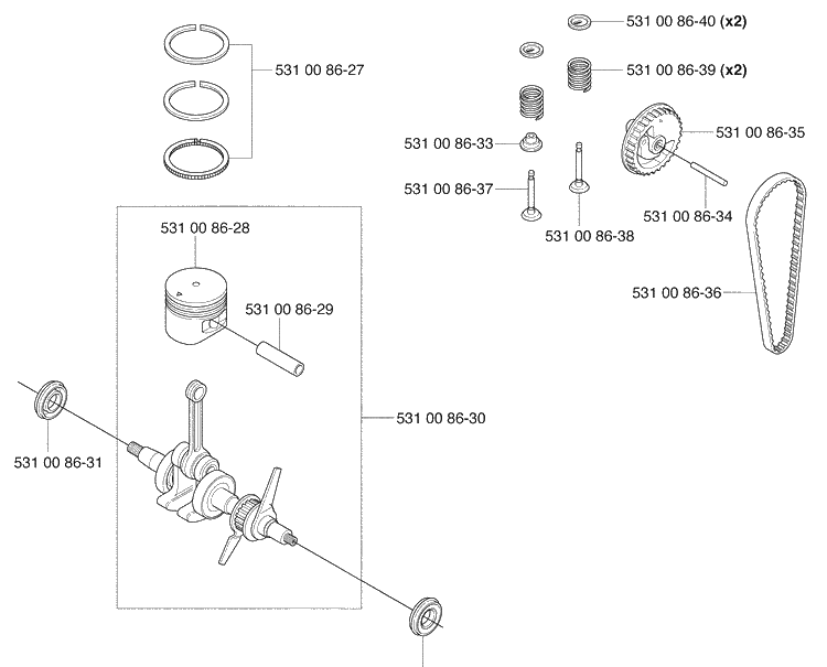 Piston / Crankshaft / Timing Chain Diagram and Parts List for 324RX 2009-06 Husqvarna Brush Cutter