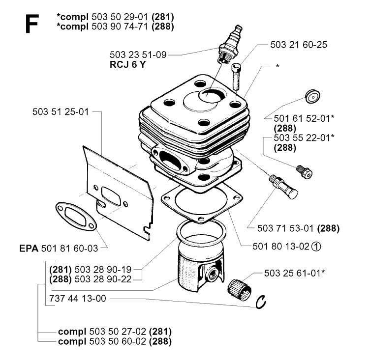 Cylinder Piston Diagram and Parts List for 288 20014000001-Current Husqvarna Chainsaw