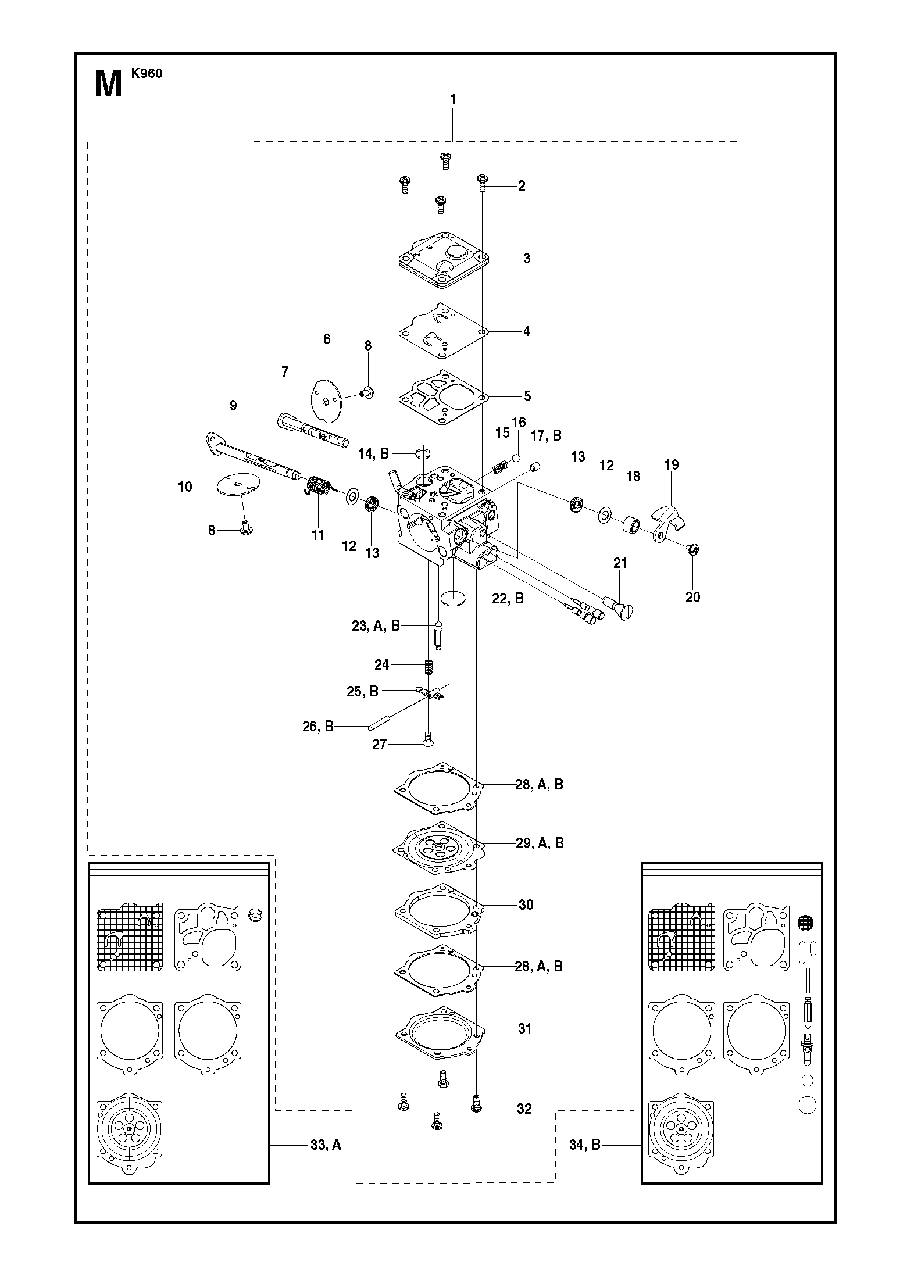 Carburetor Details Diagram and Parts List for K960 2007-07 Husqvarna Circular Saw
