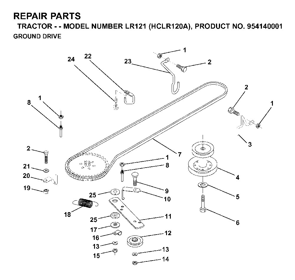 Drive Diagram and Parts List for LR121 (HCLR120A, 954140001)(1996-08) Husqvarna Lawn Tractor