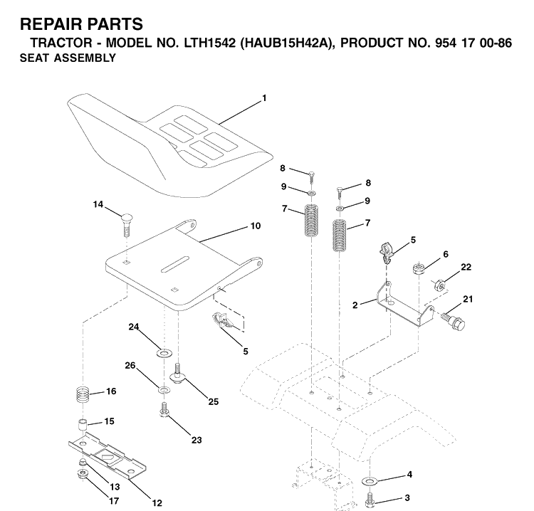 Seat Diagram and Parts List for LTH1542 (HAUB15H42A)(2003-01) Husqvarna Lawn Tractor