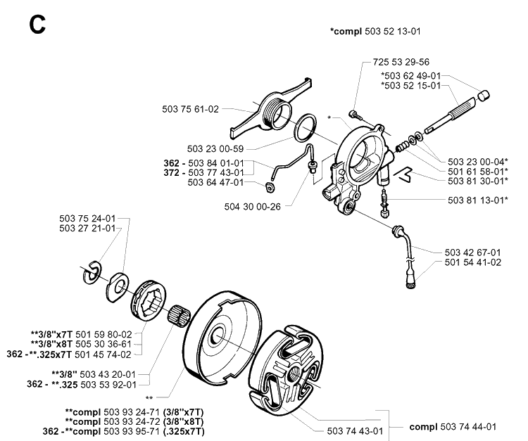 Clutch And Oil Pump 2 Diagram and Parts List for 362XP 19994500001-20014000000 Husqvarna Chainsaw