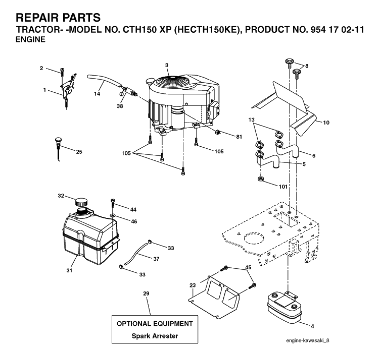 Engine Diagram and Parts List for CTH150XP (HECTH150KE)(2004-06) Husqvarna Lawn Tractor