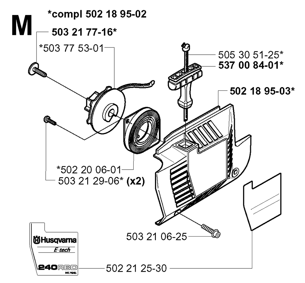 Starter Diagram and Parts List for 240RBD 20004000001 & Above Husqvarna Trimmer