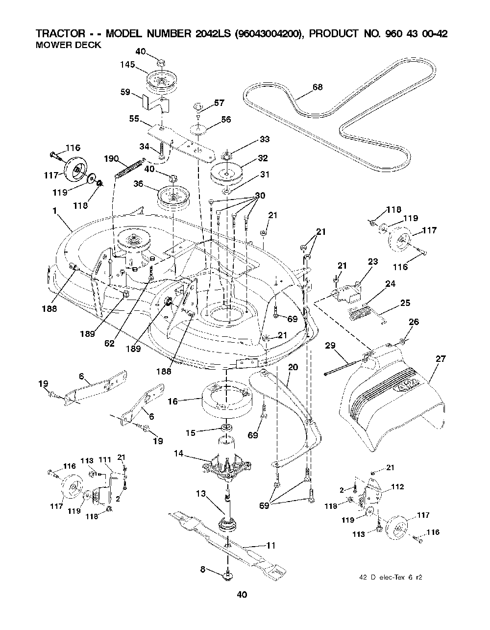 Mower Deck / Cutting Deck Diagram and Parts List for 2042LS (96043004200)(2008-01) Husqvarna Lawn Tractor