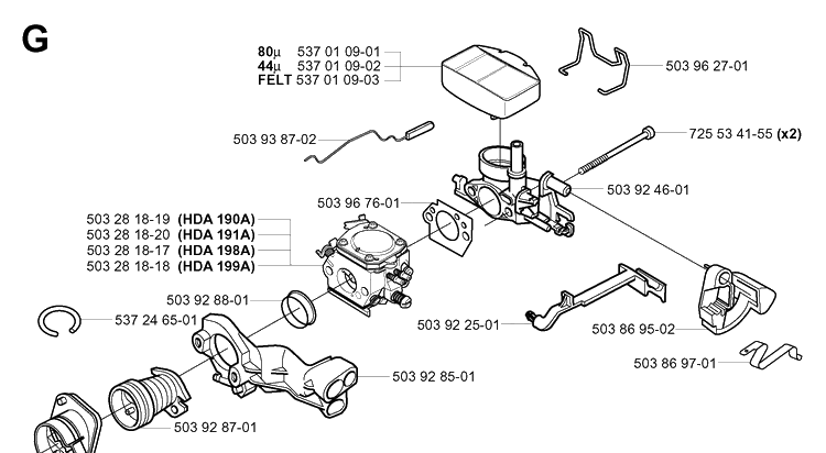 Carburetor And Air Filter Diagram and Parts List for 357XP 20041800001-20050600000 Husqvarna Chainsaw