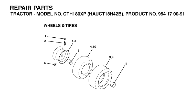 Wheels And Tires Diagram and Parts List for CTH180XP (HAUCT18H42B)(2004-01) Husqvarna Lawn Tractor