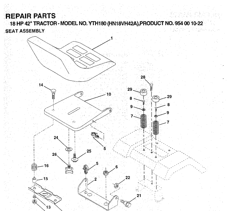 Seat Diagram and Parts List for YTH180 (954001022)(1994-03) Husqvarna Lawn Tractor