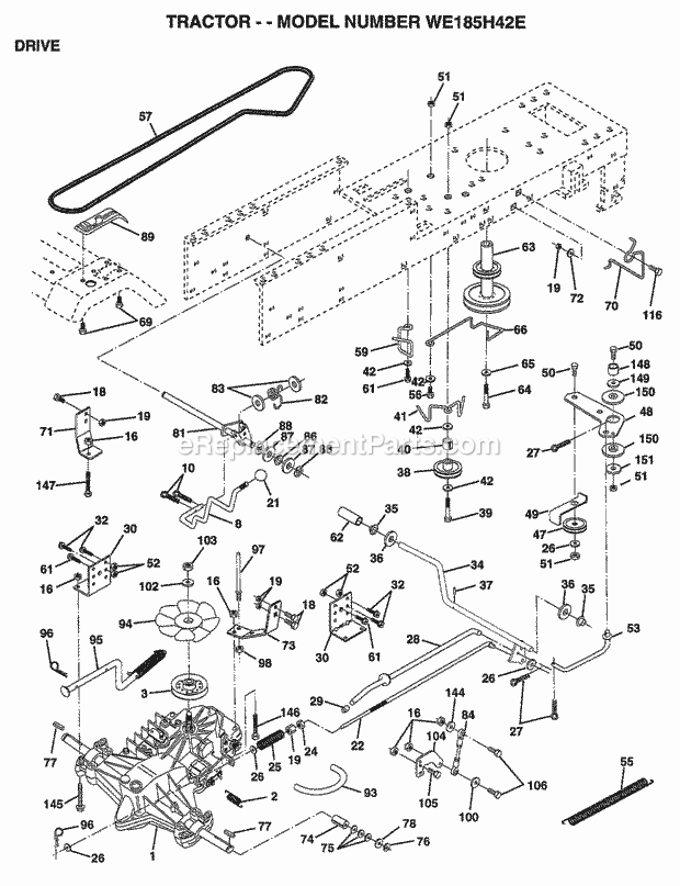 Drive Diagram and Parts List for WE185H42E 1998 Husqvarna Lawn Tractor