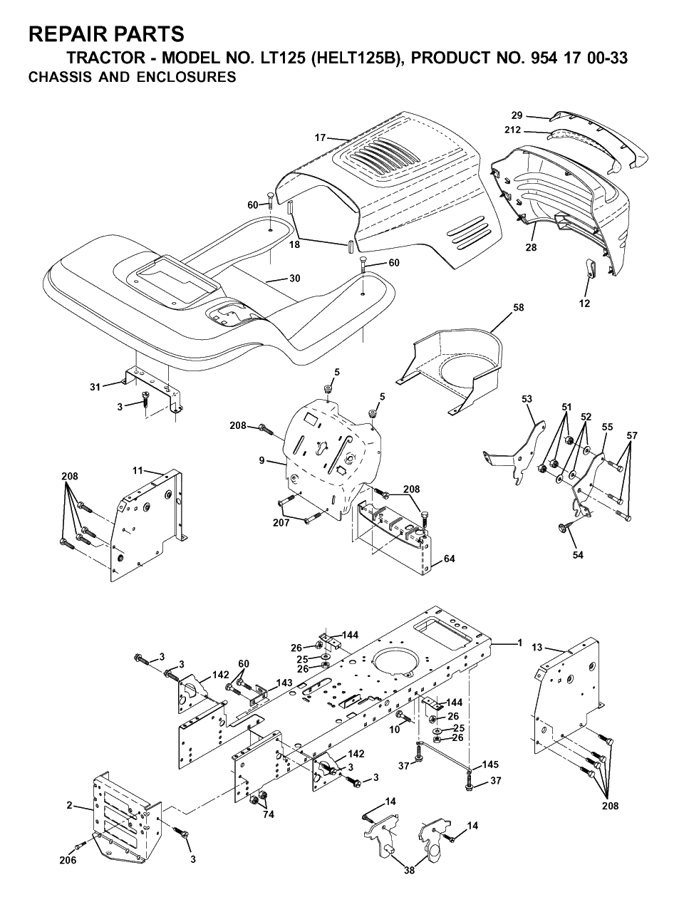 Chassis And Enclosures Diagram and Parts List for LT125 (954170033-B)(2001-03) Husqvarna Lawn Tractor