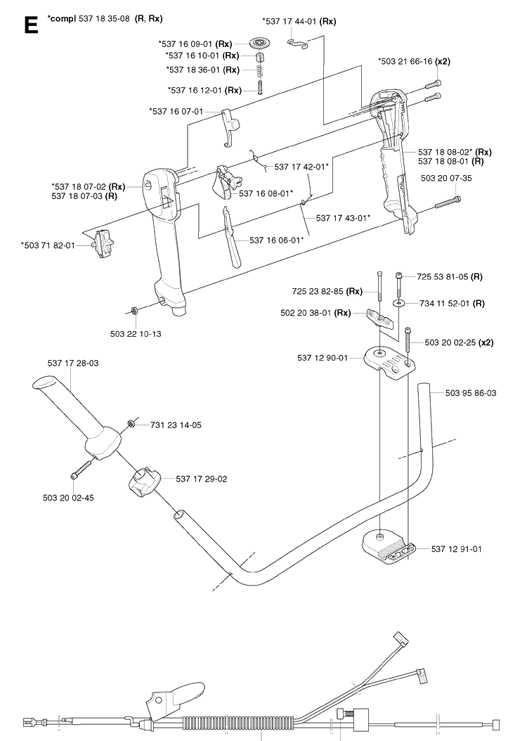 Handle And Controls Diagram and Parts List for 343R 20031800001-20043100000 Husqvarna Brush Cutter
