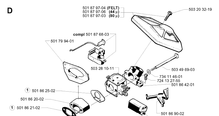 Carburetor And Air Filter Diagram and Parts List for 254 20013500001-Current Husqvarna Chainsaw