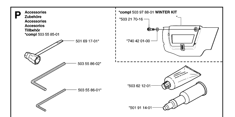Accessories Diagram and Parts List for 359 20060600001-20070900000 Husqvarna Chainsaw