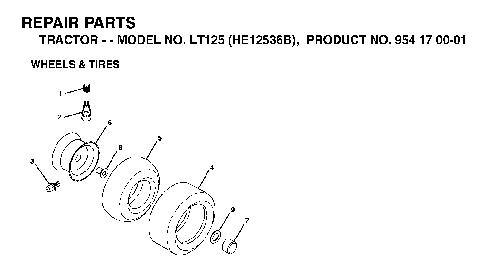 Wheels And Tires Diagram and Parts List for LT125 (HE12536B, 954170001)(1996-10) Husqvarna Lawn Tractor