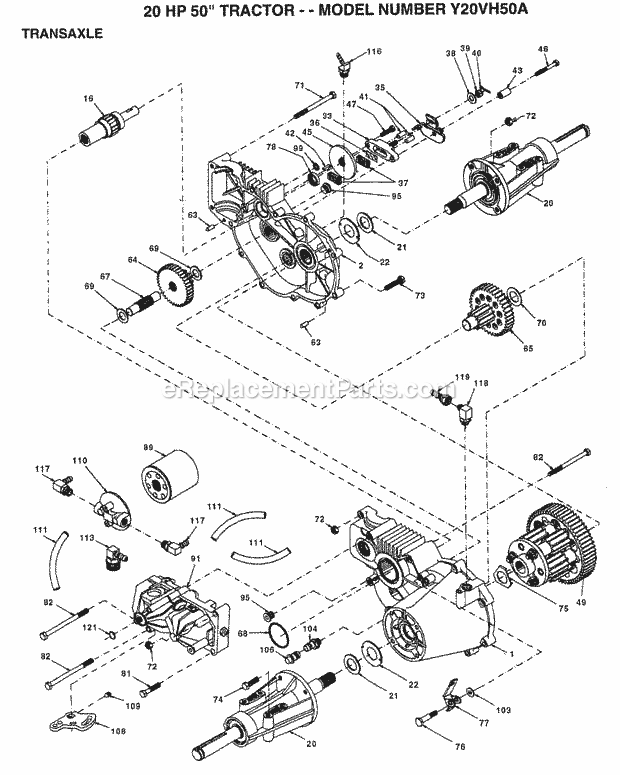 20 Hp 50" Transaxle Diagram and Parts List for Y20VH50A 1994 Husqvarna Lawn Tractor