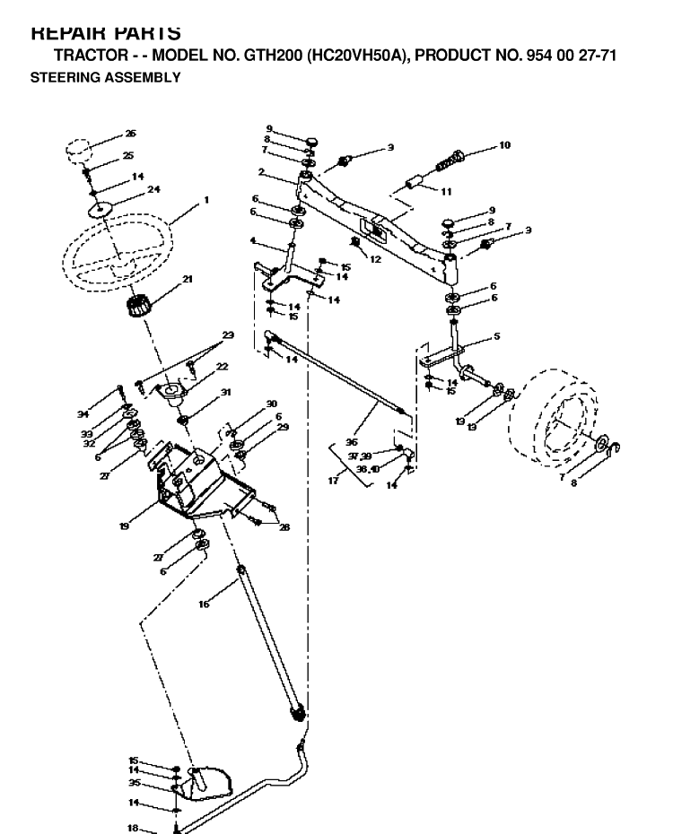 Steering Diagram and Parts List for GTH200 (HC20VH50A)(1996-04) Husqvarna Lawn Tractor