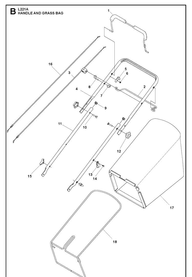 Handle Diagram and Parts List for L221A 96148006300 Husqvarna Lawn Mower