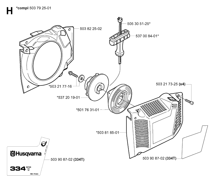 Starter Diagram and Parts List for 334T 20034400001-20040100000 Husqvarna Chainsaw