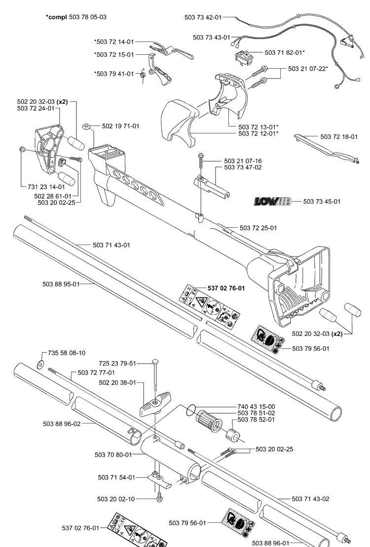 Shaft/Tube And Throttle Assembly Diagram and Parts List for 225L 2000-10 Husqvarna Trimmer