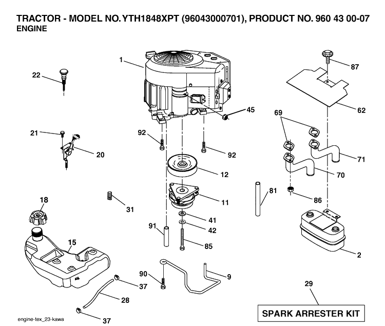 Engine Diagram and Parts List for YTH1848XP (96043000701)(2006-03) Husqvarna Lawn Tractor