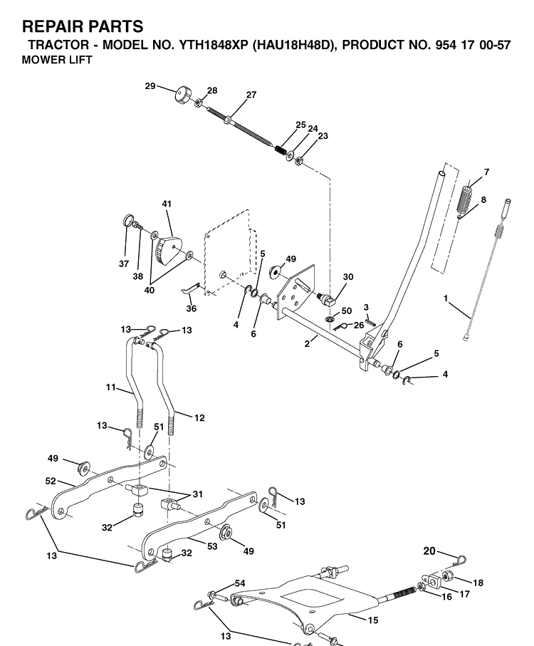 Mower Lift / Deck Lift Diagram and Parts List for YTH1848XP (HAU18H48D)(2003-01) Husqvarna Lawn Tractor