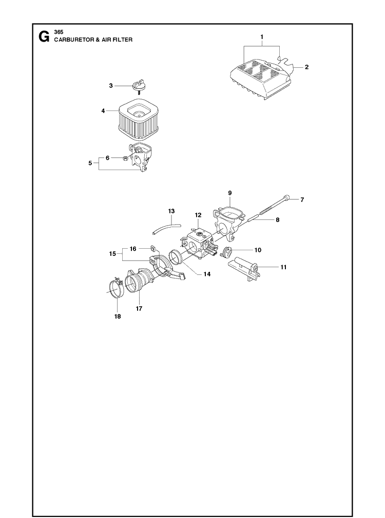 Carburetor And Air Filter Diagram and Parts List for 365 20101800001-Current Husqvarna Chainsaw