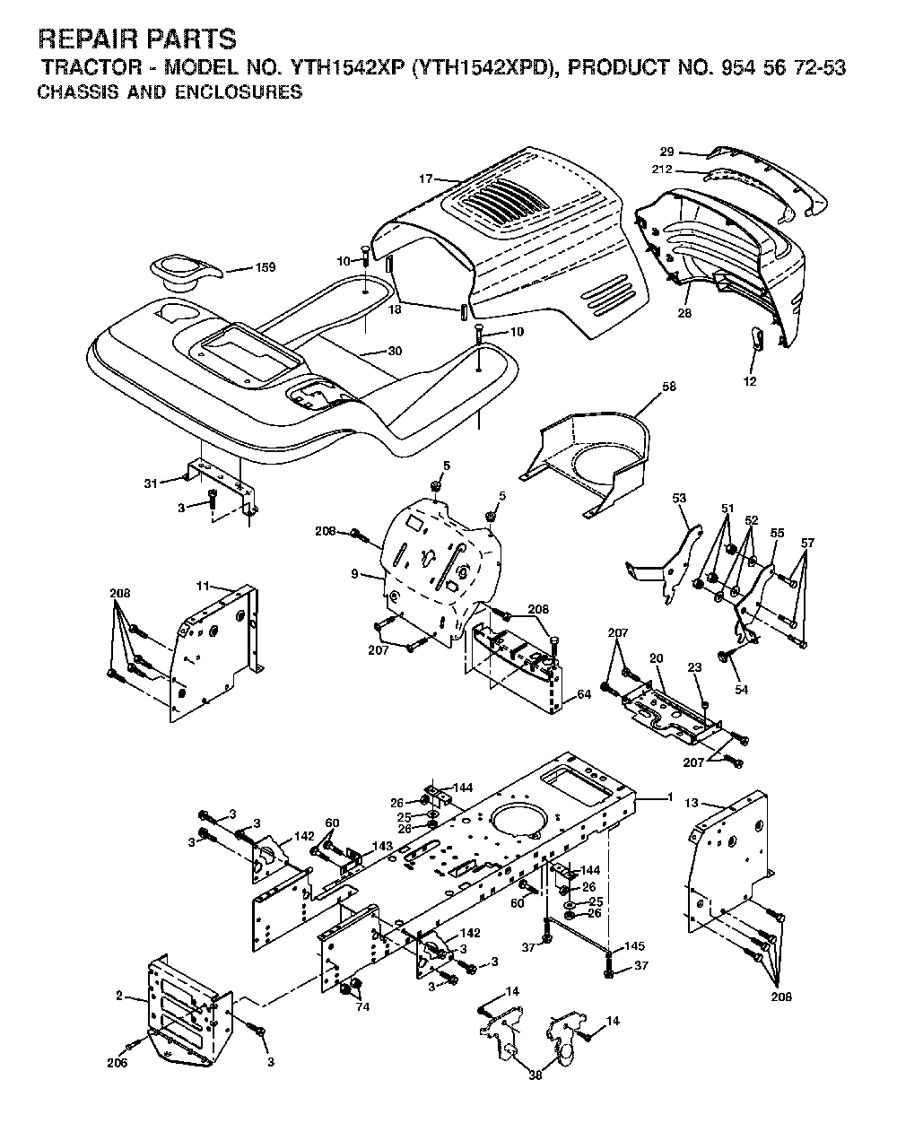 Chassis And Enclosures Diagram and Parts List for YTH1542XPD (954567253)(2001-12) Husqvarna Lawn Tractor