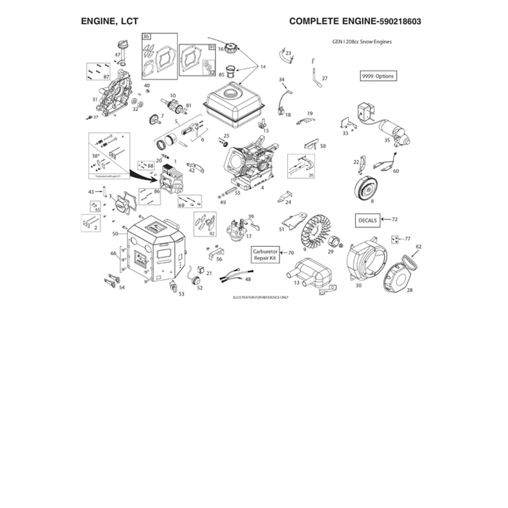 Engine, Lct Diagram and Parts List for 970528602  Husqvarna Snow Blower