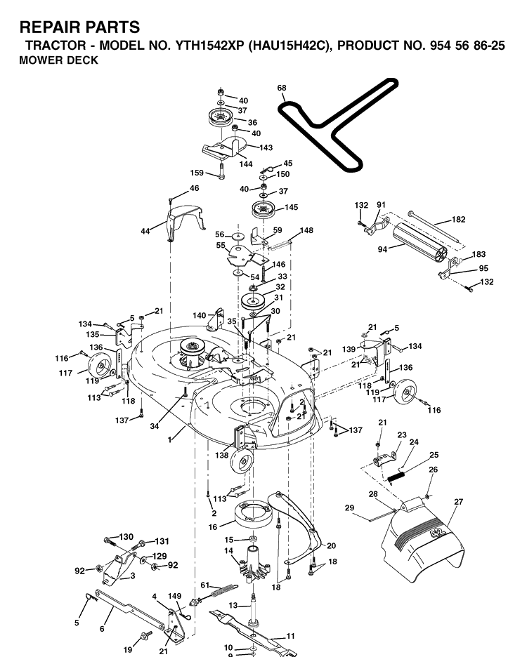 Mower Deck / Cutting Deck Diagram and Parts List for YTH1542XP (HAU15H42C)(2003-01) Husqvarna Lawn Tractor