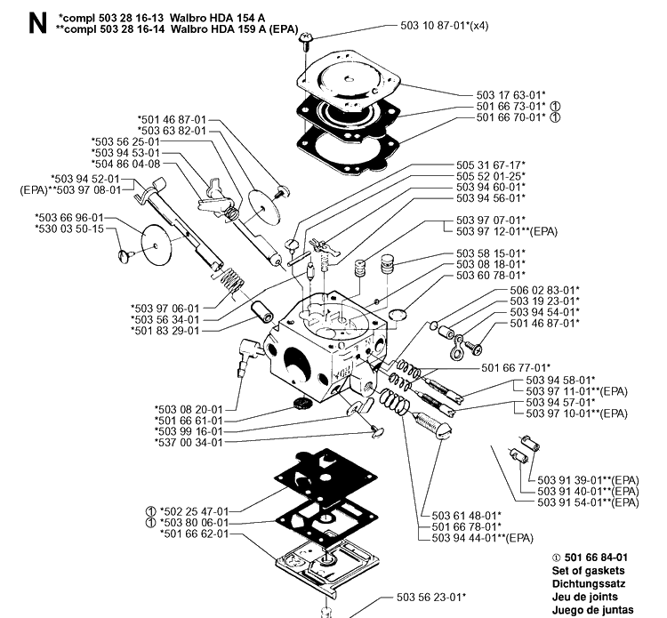 Carburetor Details Diagram and Parts List for 346XP 19991000001-20012200000 Husqvarna Chainsaw