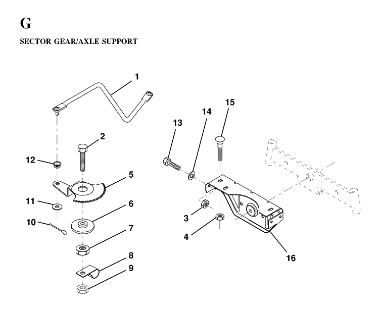 Sector Gear / Axle Support Diagram and Parts List for LTH130 (HE13H36D)(1997-03) Husqvarna Lawn Tractor