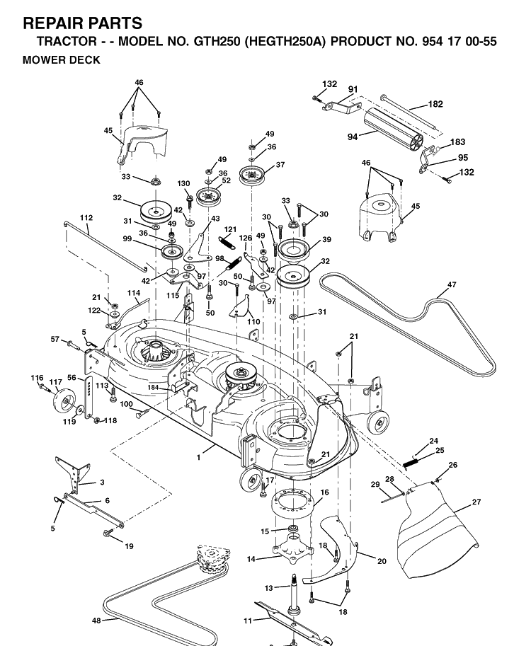 Mower Deck / Cutting Deck Diagram and Parts List for GTH250 (HEGTH250A)(2002-03) Husqvarna Lawn Tractor